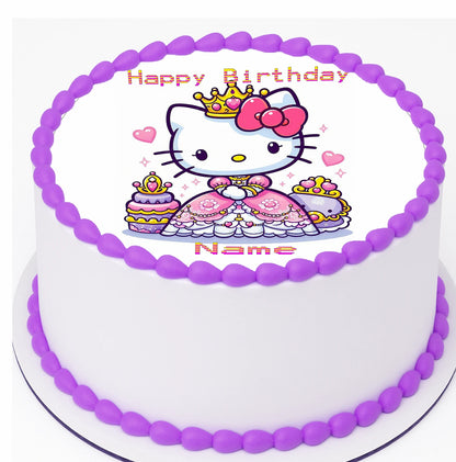 Birthday cake topper with Hello Kitty design and customizable text, edible image