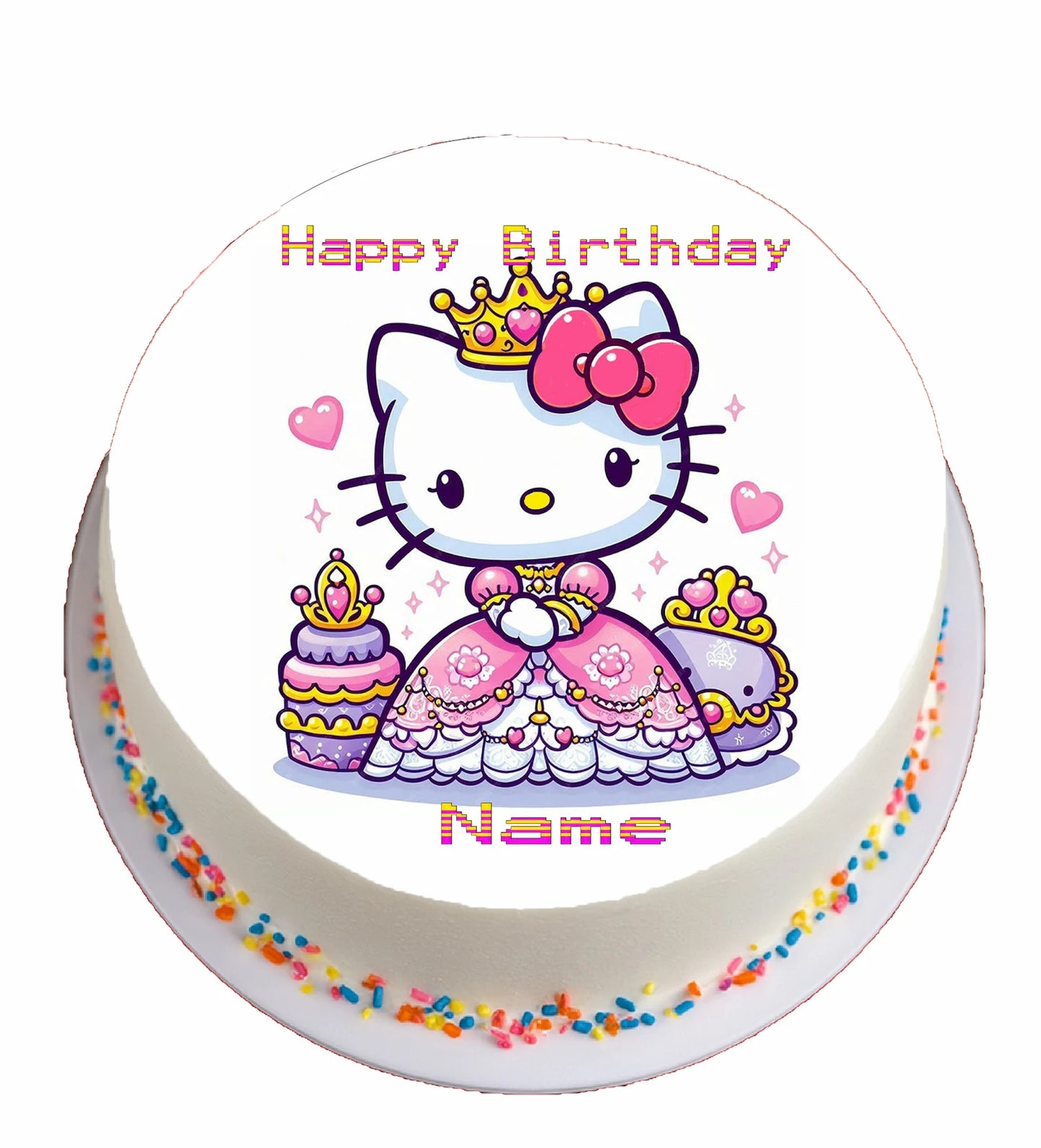 Hello Kitty birthday edible image cake topper with crown and cake, colorful, and customizable name.