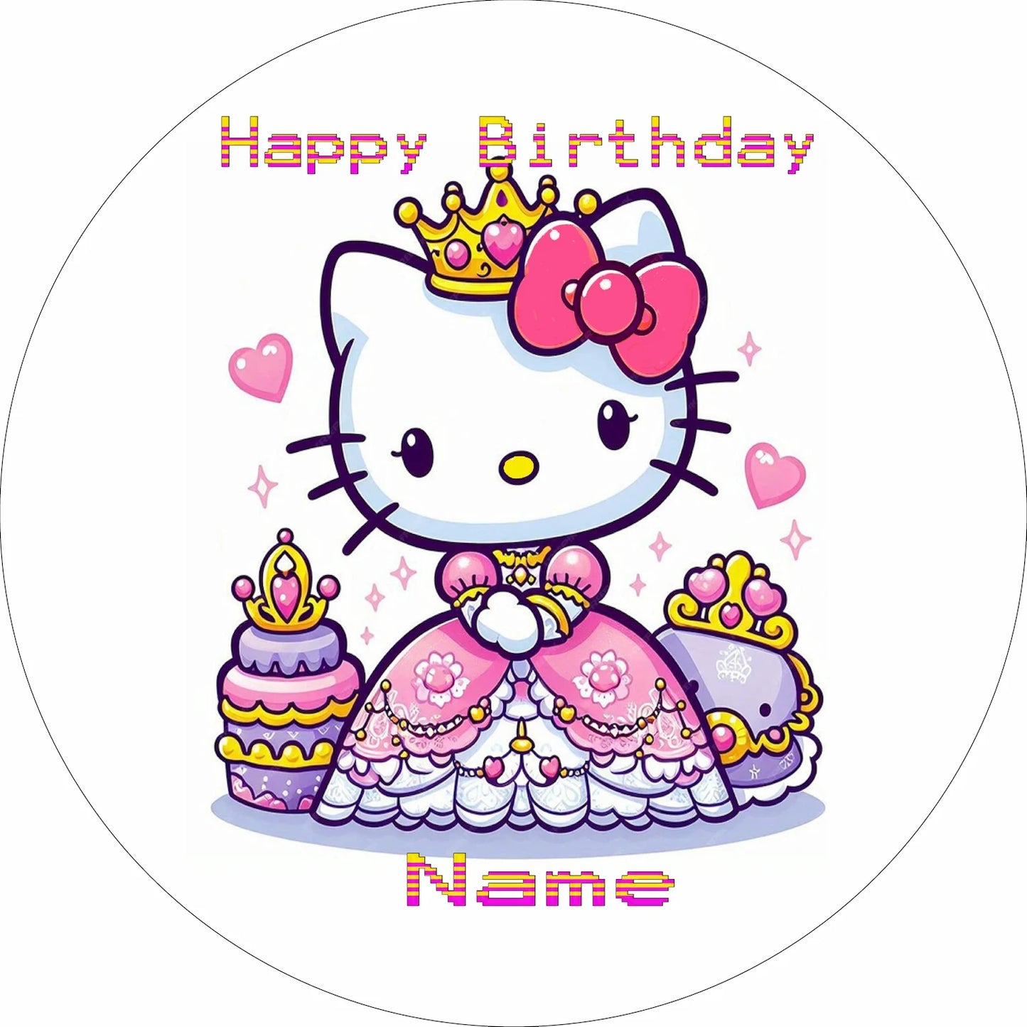 Hello Kitty character in a princess dress with 'Happy Birthday' text and space for a name.