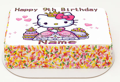 Edible Icing Images Sheet Cake Topper with Hello Kitty Kat-themed decoration featuring text personalized with name and age