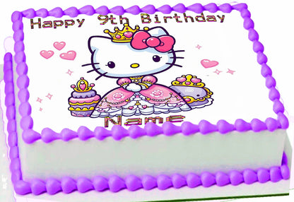 Edible Icing Image Birthday cake Topper with Happy Birthday And Hello Kitty Kat-themed decorations Personalized.