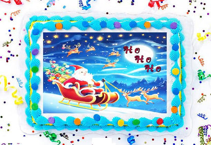 Decorative cake with Santa Claus and reindeer design, surrounded by colorful confetti.