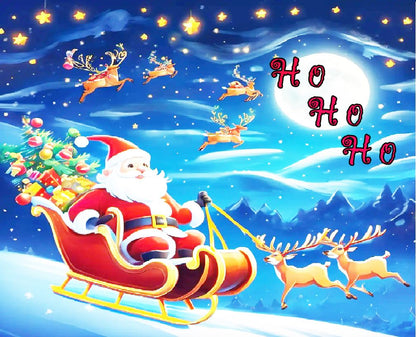 Illustration of Santa Claus in a sleigh with reindeer against a night sky with stars and moon.