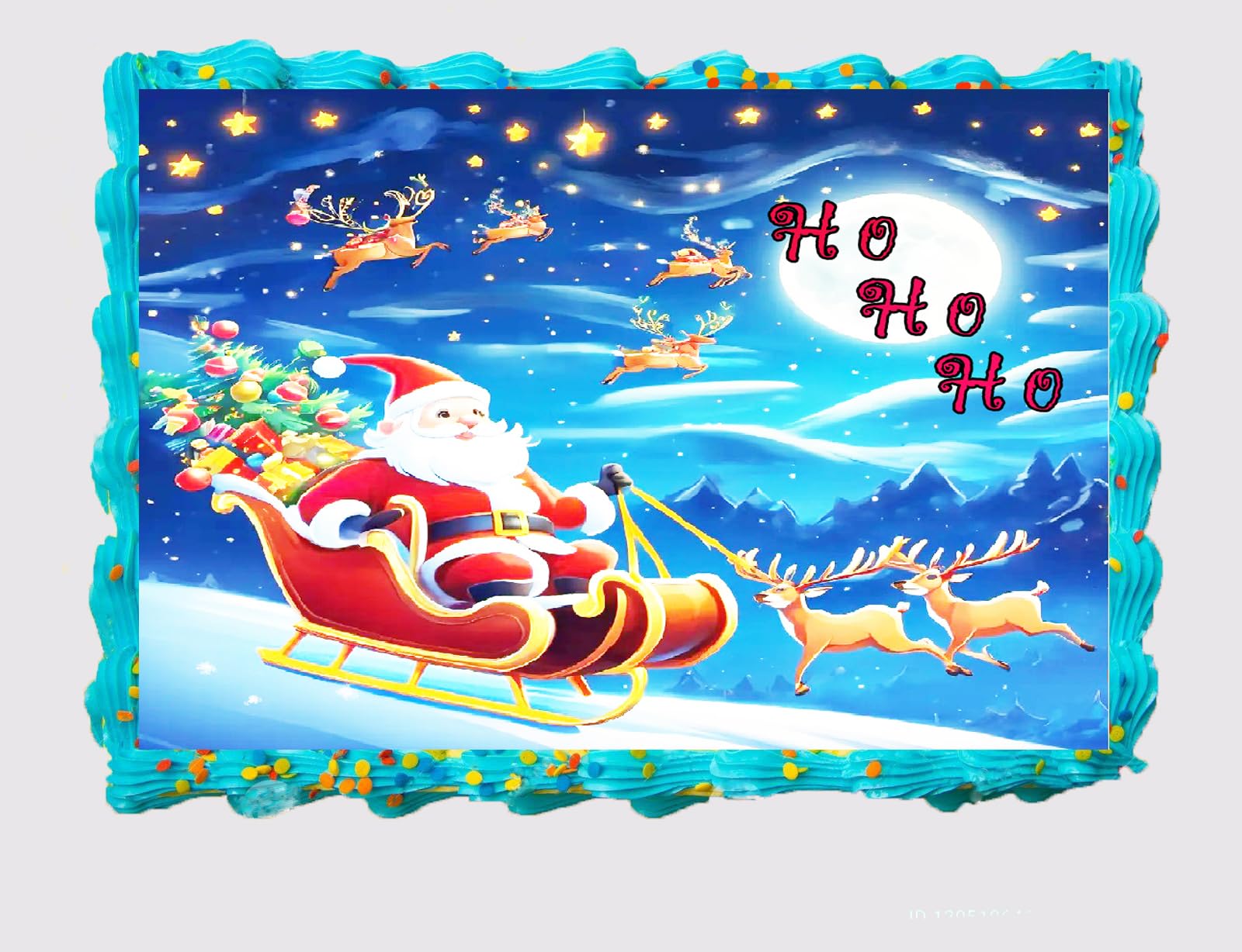 Decorative cake with Santa Claus, reindeer, and 'Ho Ho Ho' text against a night sky.