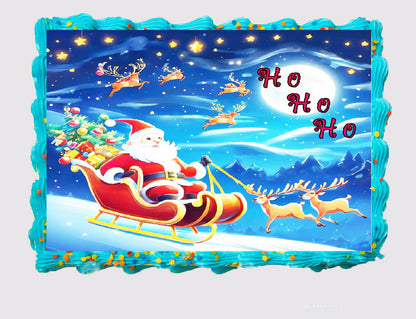 Decorative cake with Santa Claus, reindeer, and 'Ho Ho Ho' text against a night sky.