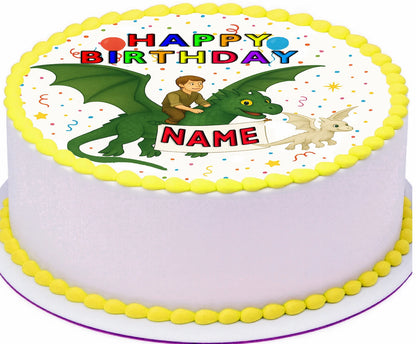 How To Train A Dragon Edible Image Cake Topper with dragon and child design, colorful text, and name.