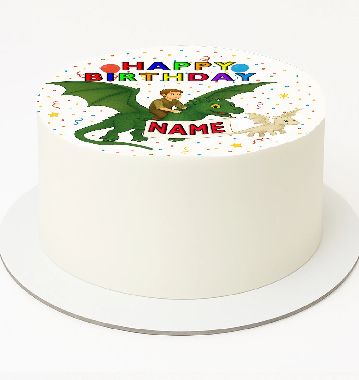 Birthday edible Icing Image with a green dragon and teddy bear design, ready to be custimuzed!