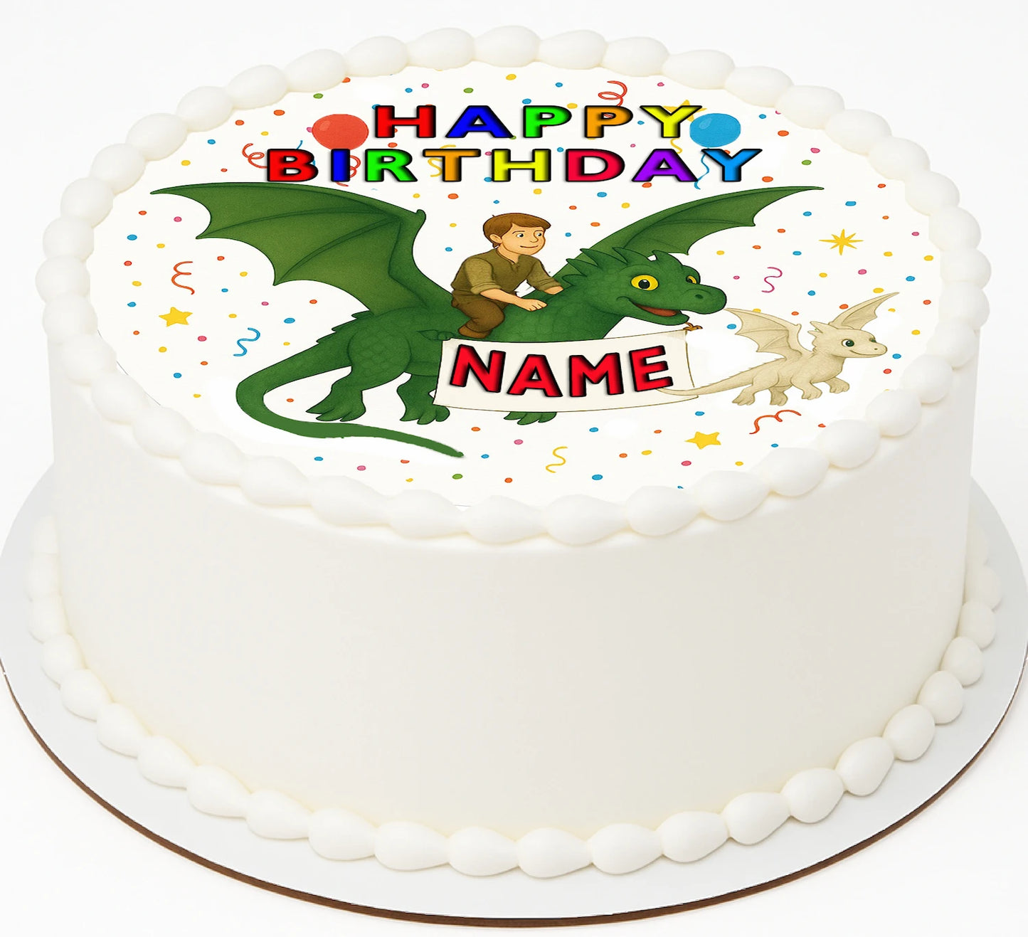 Edible Icing Image for your Birthday cake with dragon and child design, ready to be personalized with a name.
