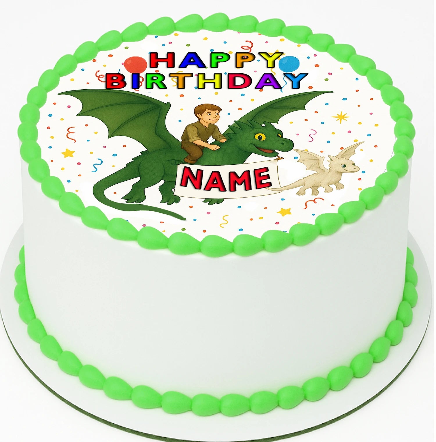 Birthday edible Icing Image cake Topper with dragon and child design, colorful text, and customizable name