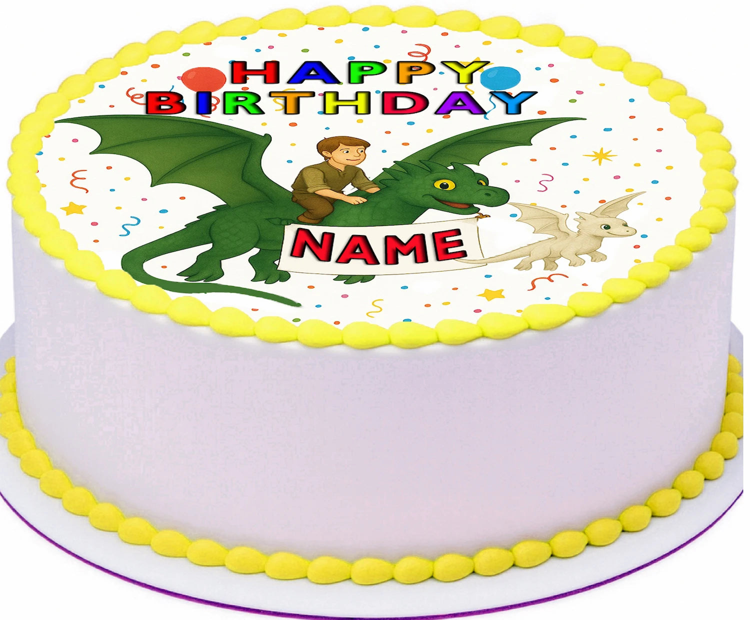 Birthday edible cake topper with dragon and child design, colorful text, and name.