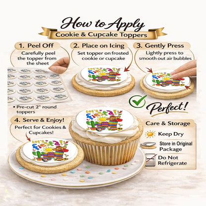 How to Apply- Cinco De Mayo Let's Fiesta Design – Icing Sheet Cookie & Cupcake Images –20 Pre-cut 2” Round– RA Pape
