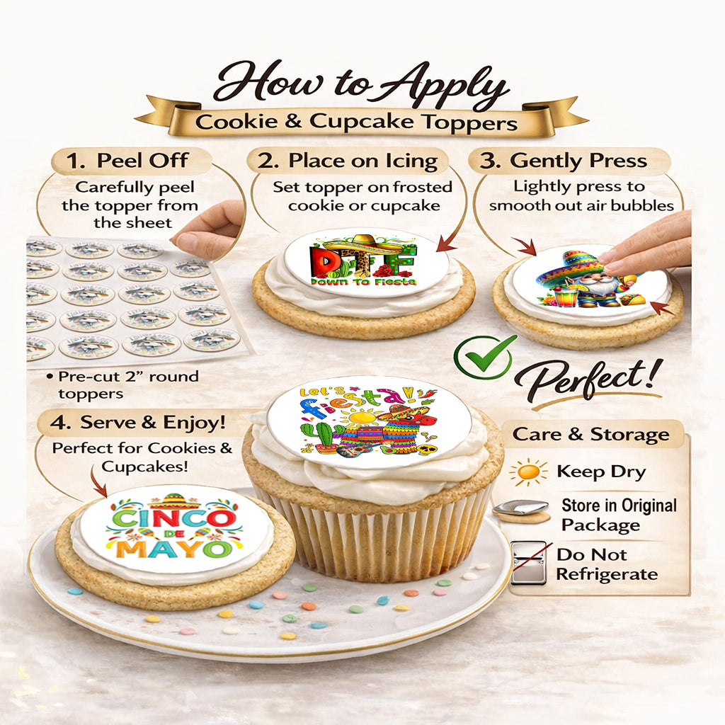 How to Apply Custom Edible Cake Topper – Cinco De Mayo Colection – Icing Sheet Cookie & Cupcake Images –20 Pre-cut 2” Round– RA Pape