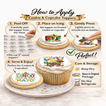 How to Apply Custom Edible Cake Topper – Cinco De Mayo Colection – Icing Sheet Cookie & Cupcake Images –20 Pre-cut 2” Round– RA Pape