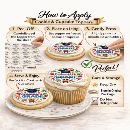 How  to Apply Custom Edible Cookie & Cupcake Topper Congrats Grad Design 20 - 2” Precut Icing Sheet - RA Pape
