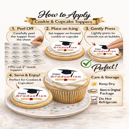 How to Apply Custom Edible Cookie & Cupcake Topper Graduation Cap and Scroll Design 20 - 2” Precut Icing Sheet - RA Pape