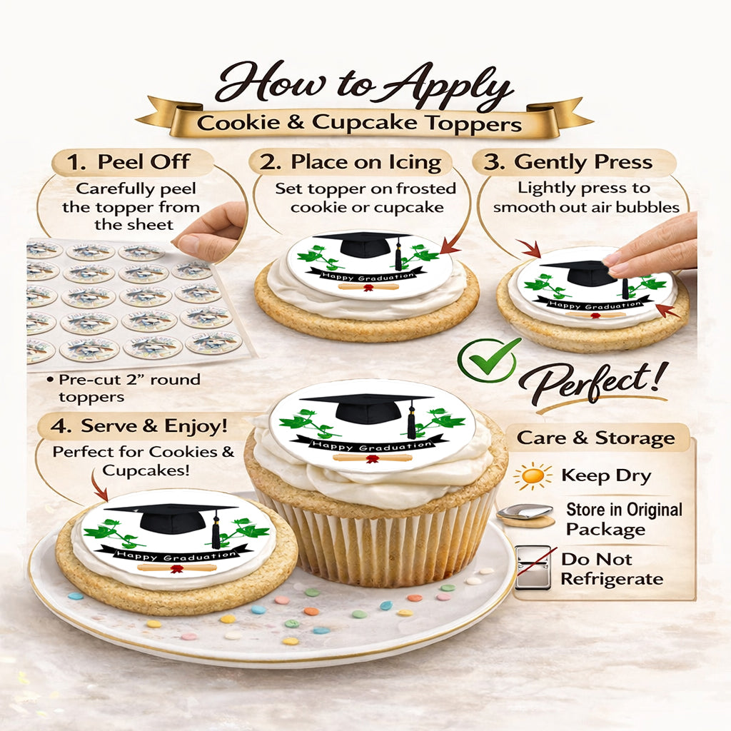 How to apply Custom Edible Cookie & Cupcake Topper Ivy League Graduation Design 20 - 2” Precut Icing Sheet - RA Pape