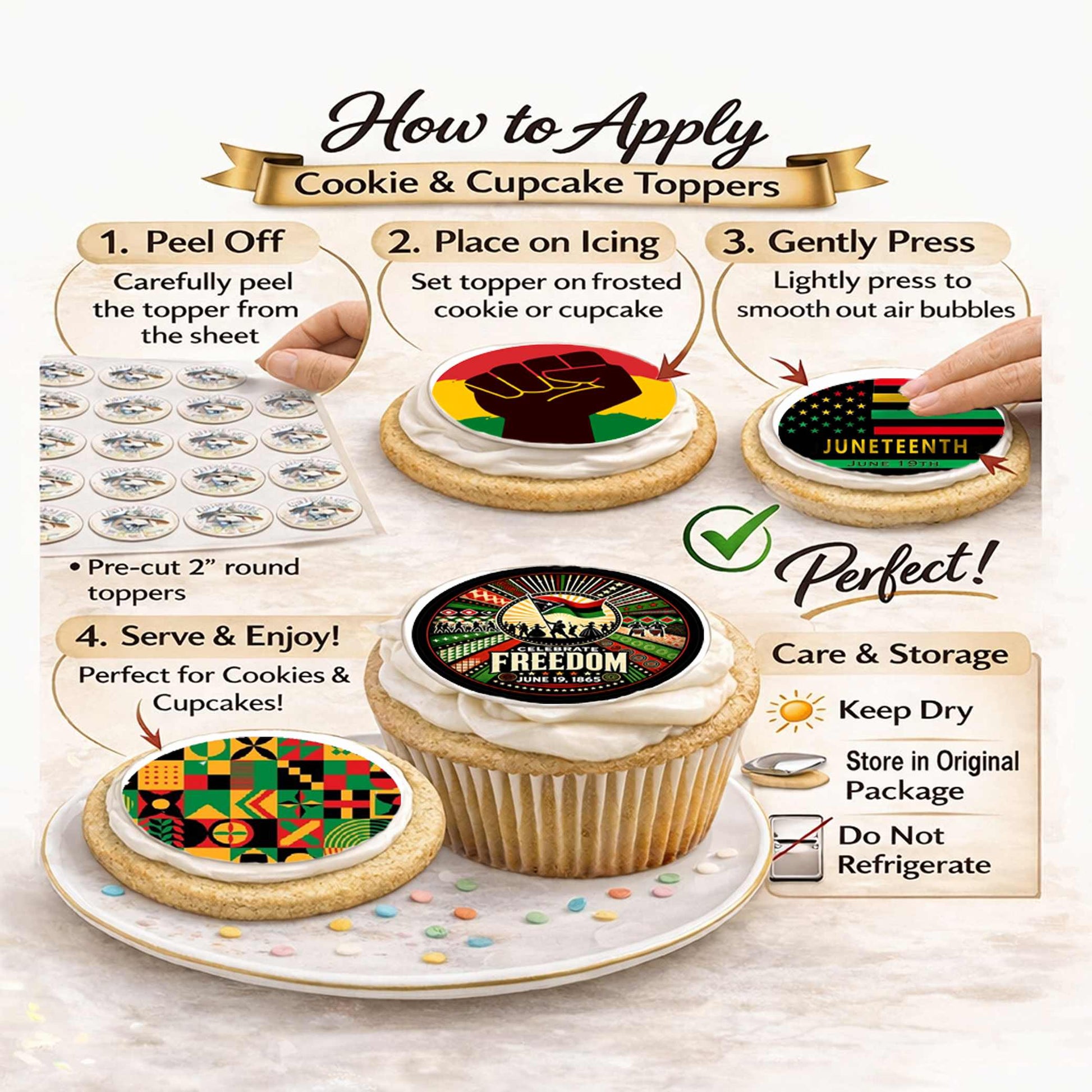 How to Appl Custom Edible Cookie & Cupcake Topper Juneteenth Mixed Set 20 - 2” Precut Icing Sheet - RA Pape