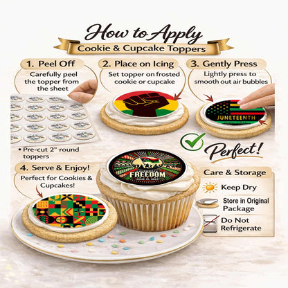 How to Appl Custom Edible Cookie & Cupcake Topper Juneteenth Mixed Set 20 - 2” Precut Icing Sheet - RA Pape
