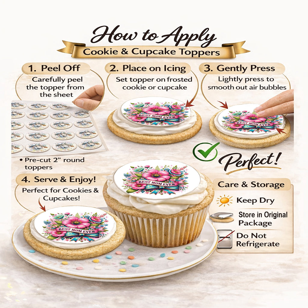 Instructions on how to apply Mothers day best mom ever cookie and cupcake toppers 