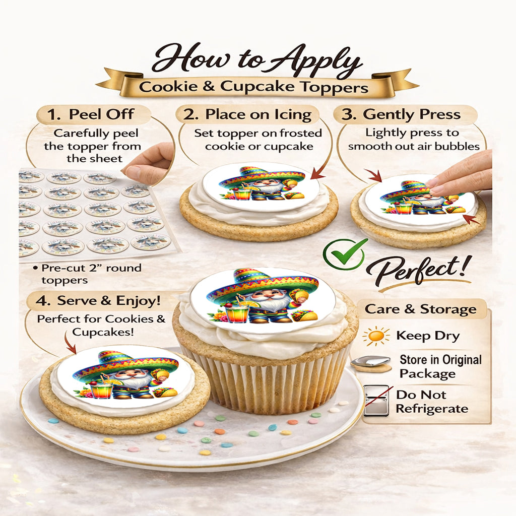 How to apply-Cinco De Mayo Gnome Design – Icing Sheet Cookie & Cupcake Images –20 Pre-cut 2” Round– RA Pape