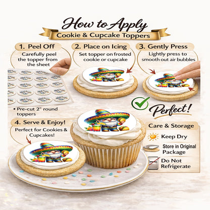 How to apply-Cinco De Mayo Gnome Design – Icing Sheet Cookie & Cupcake Images –20 Pre-cut 2” Round– RA Pape