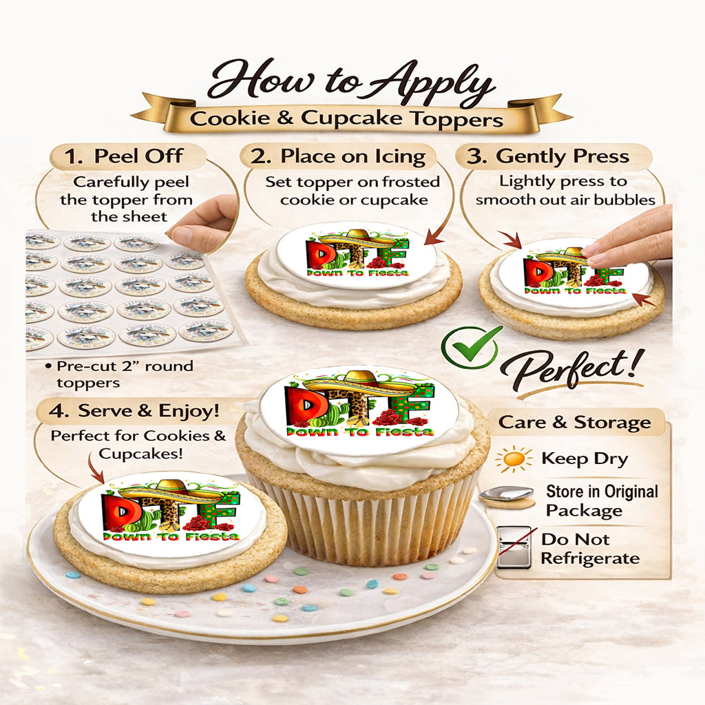 How to apply - Custom Edible Cake Topper – Cinco De Mayo DTF Design – Icing Sheet Cookie & Cupcake Images –20 Pre-cut 2” Round– RA Pape