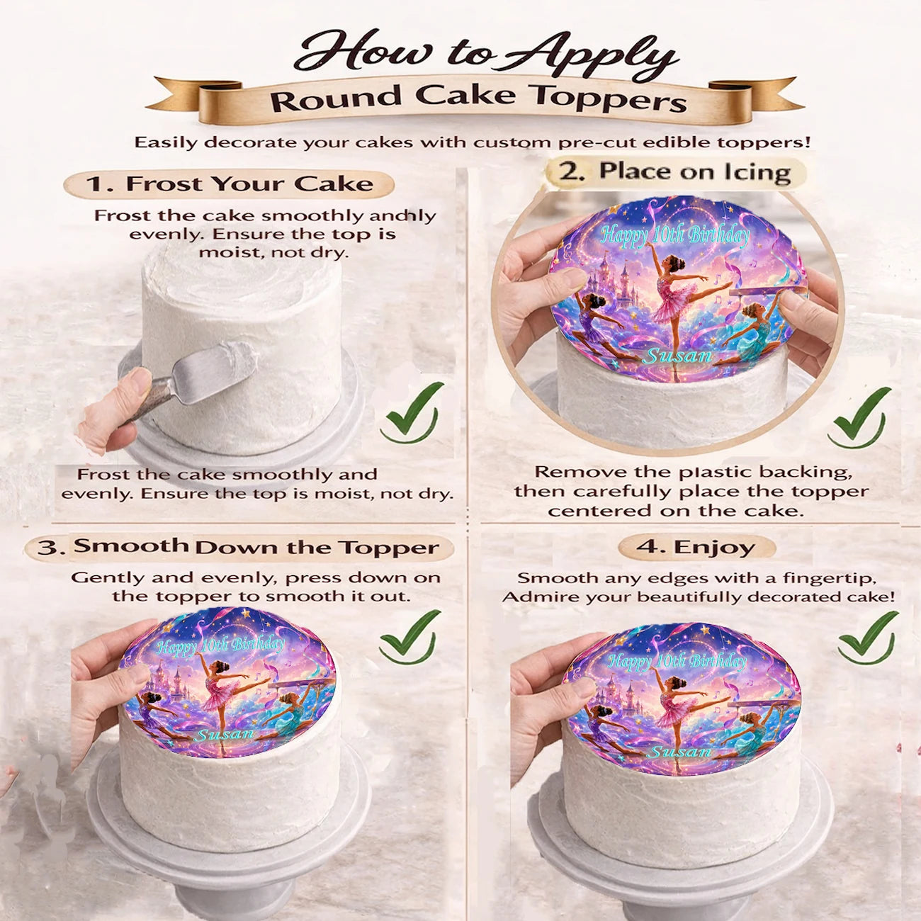 How to apply Custom Edible Image Cake Topper - Princess Ballerina Birthday - precut 8" Icing Sheet - RA Pape