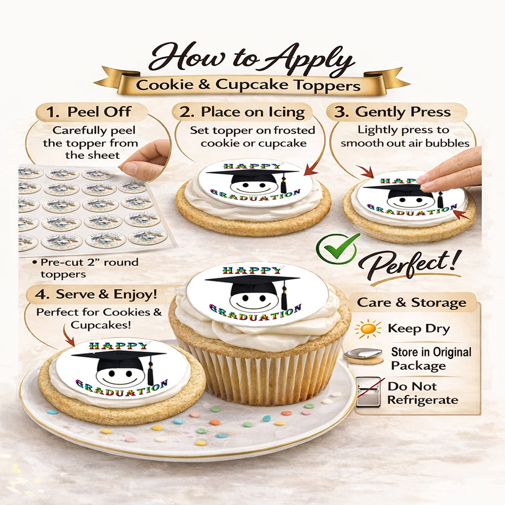 How to apply Custom Edible Cookie & Cupcake Topper Happy Face Graduation Design 20 - 2” Precut Icing Sheet - RA Pape