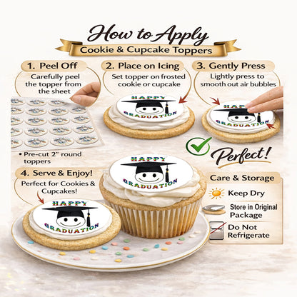 How to apply Custom Edible Cookie & Cupcake Topper Happy Face Graduation Design 20 - 2” Precut Icing Sheet - RA Pape