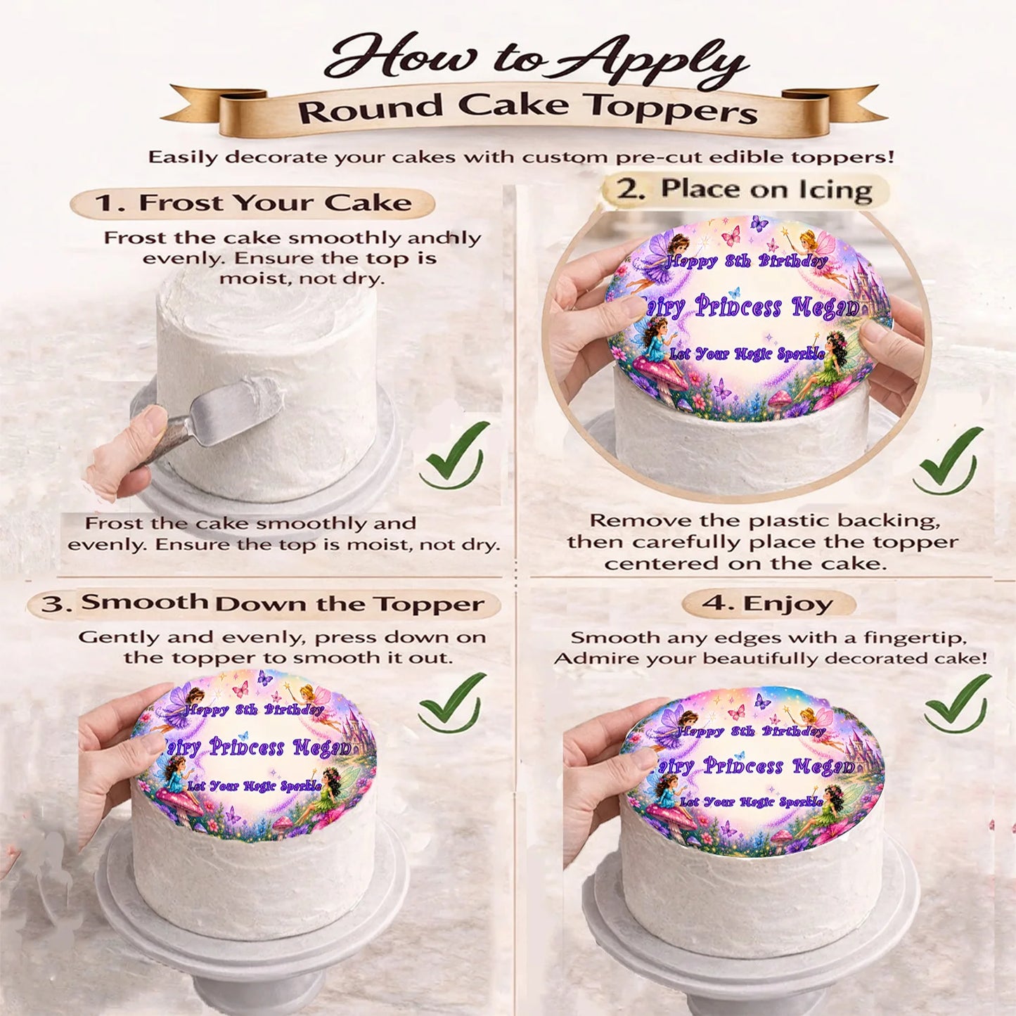 How to apply Custom Edible Image Cake Topper - Fairy Princess Birthday - Precut 8 " Icing Sheet -  RA Pape