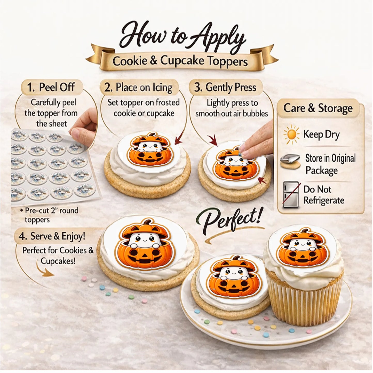 How to apply Halloween Edible Image Cookie-Cupcake Topper Ghostly Delights-20- 2" Precut Icing Sheet- RA Pape