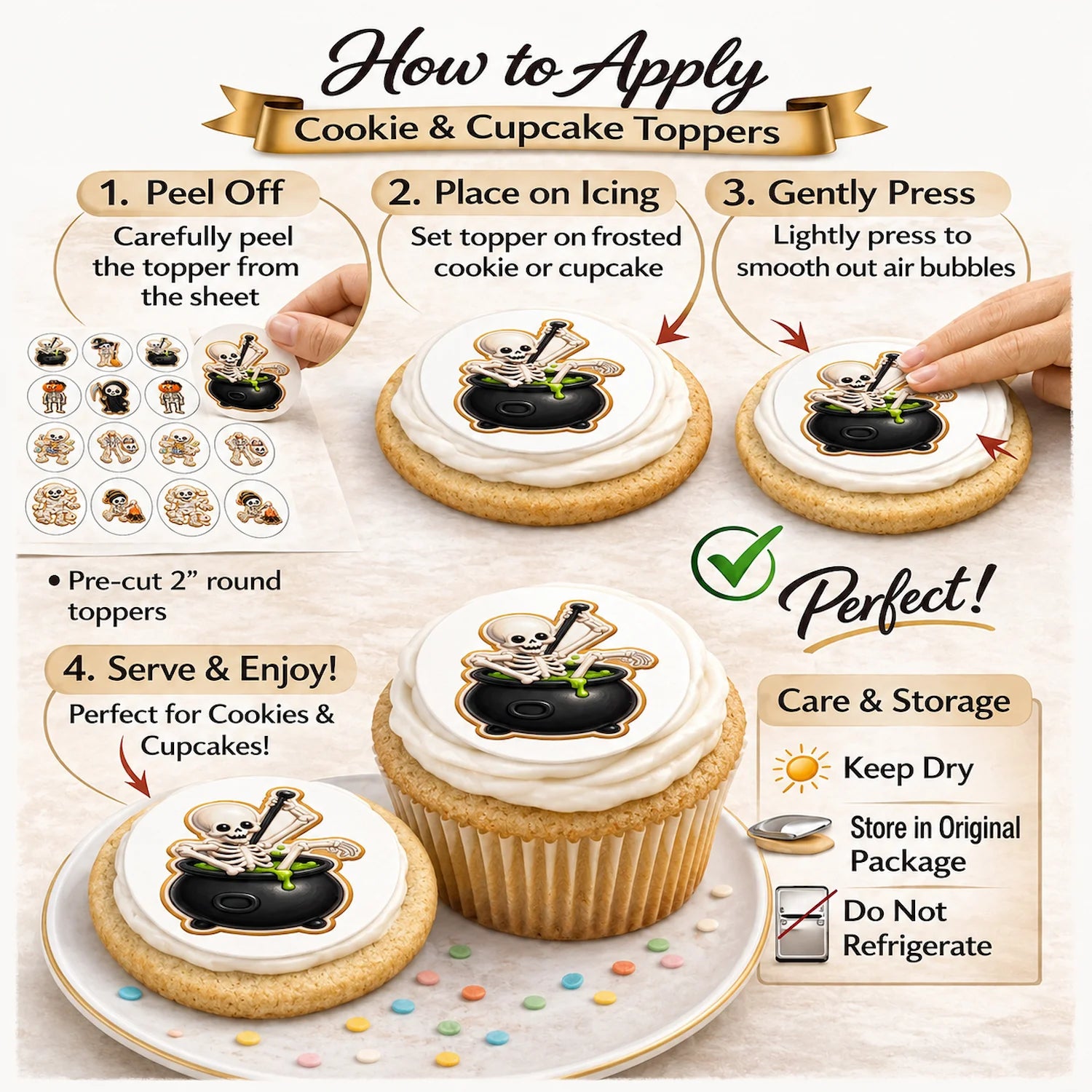 How to apply Halloween Edible Image Cookie & Cupcake Topper Skeleton Crew - 20 Precut Icing Sheet- RA Pape