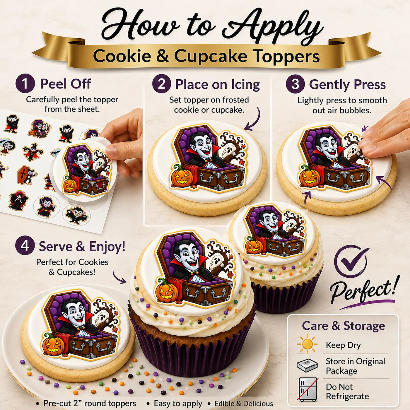 How to apply Halloween Edible Image Cookie & Cupcake Topper Vampires Night Out-20- 2" Precut Icing Sheet- RA Pape