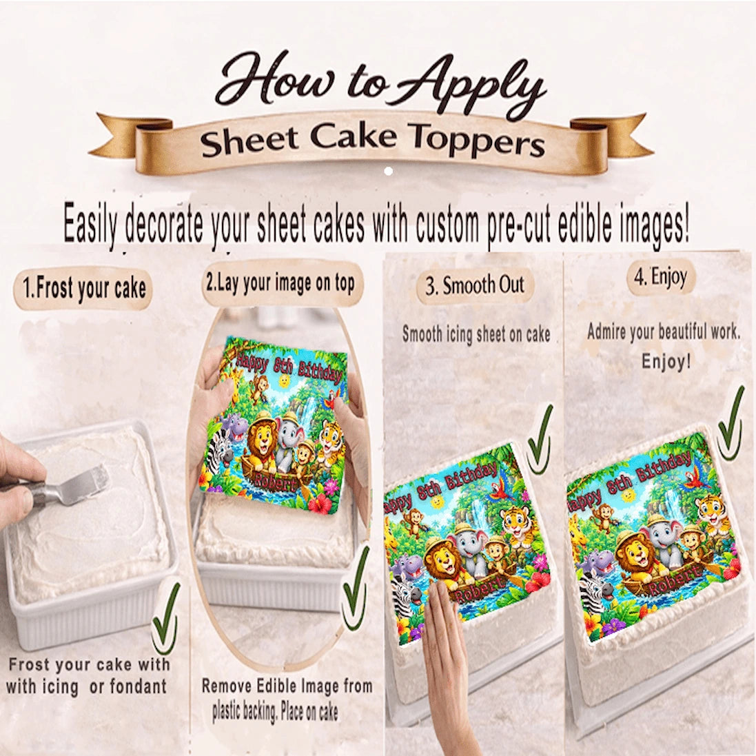 How to apply Jungle Safari Birthday Edible Image Cake Topper - 1/4 Icing Sheet - RA Pape