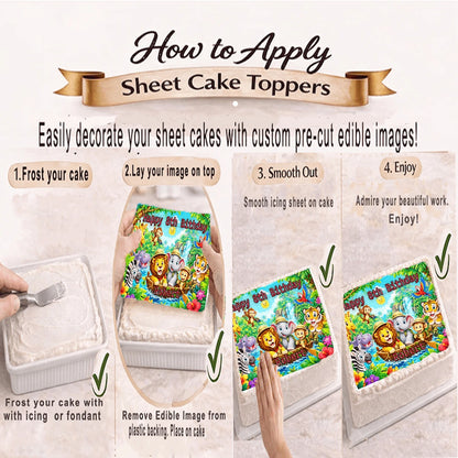 How to apply Jungle Safari Birthday Edible Image Cake Topper - 1/4 Icing Sheet - RA Pape