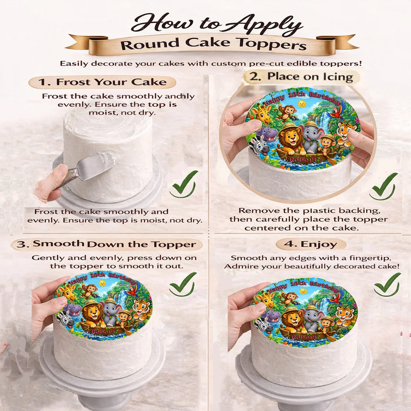 How to apply Jungle Safari Birthday Edible Image Cake Topper - Precut 8" Icing Sheet - RA Pape