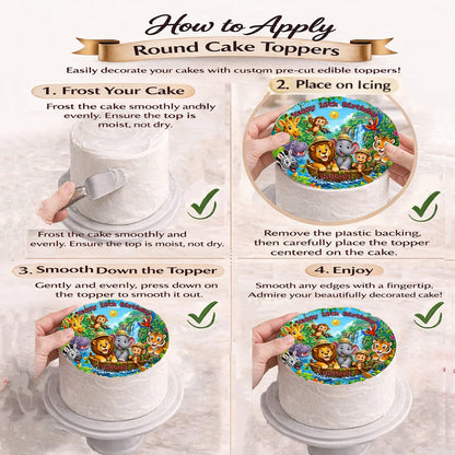 How to apply Jungle Safari Birthday Edible Image Cake Topper - Precut 8" Icing Sheet - RA Pape