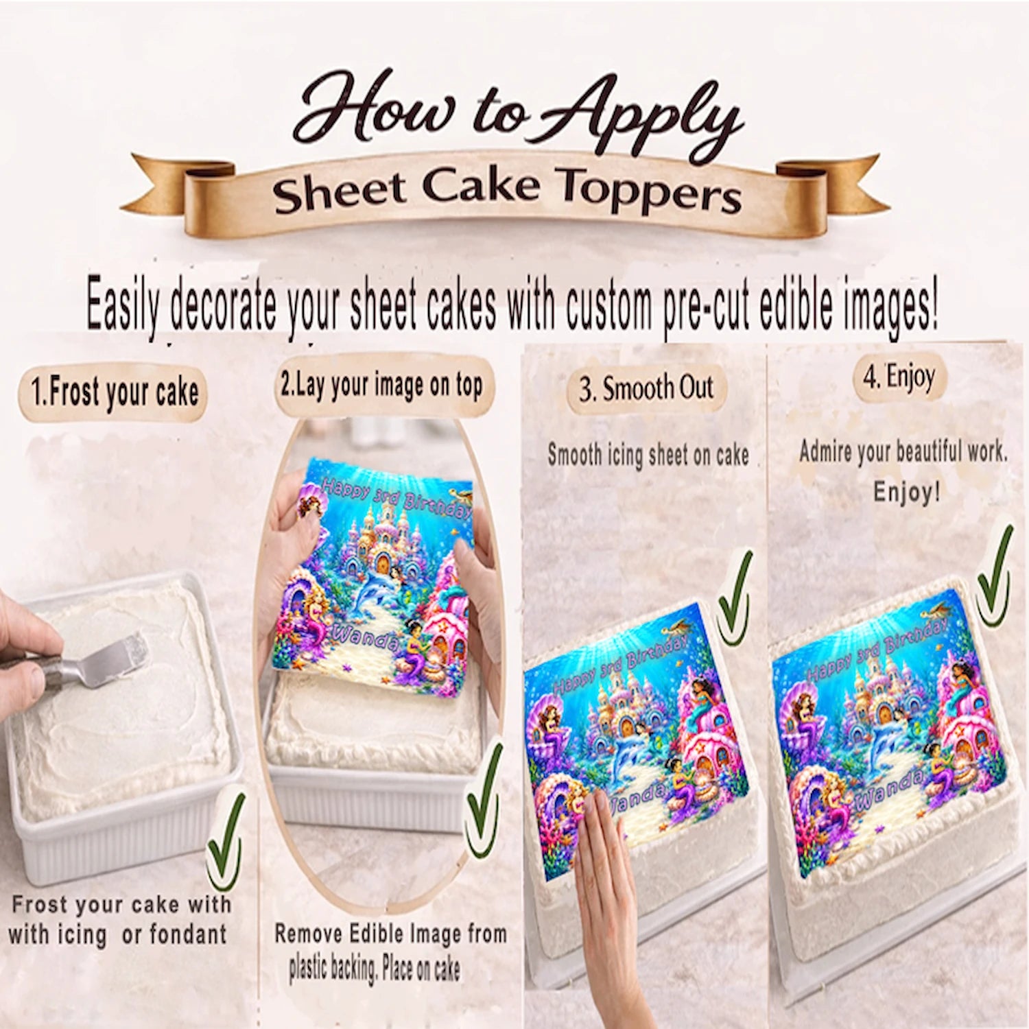How to apply Mermaid Under The Sea Birthday Edible Image Cake Topper - 1/4 Icing Sheet - RA Pape