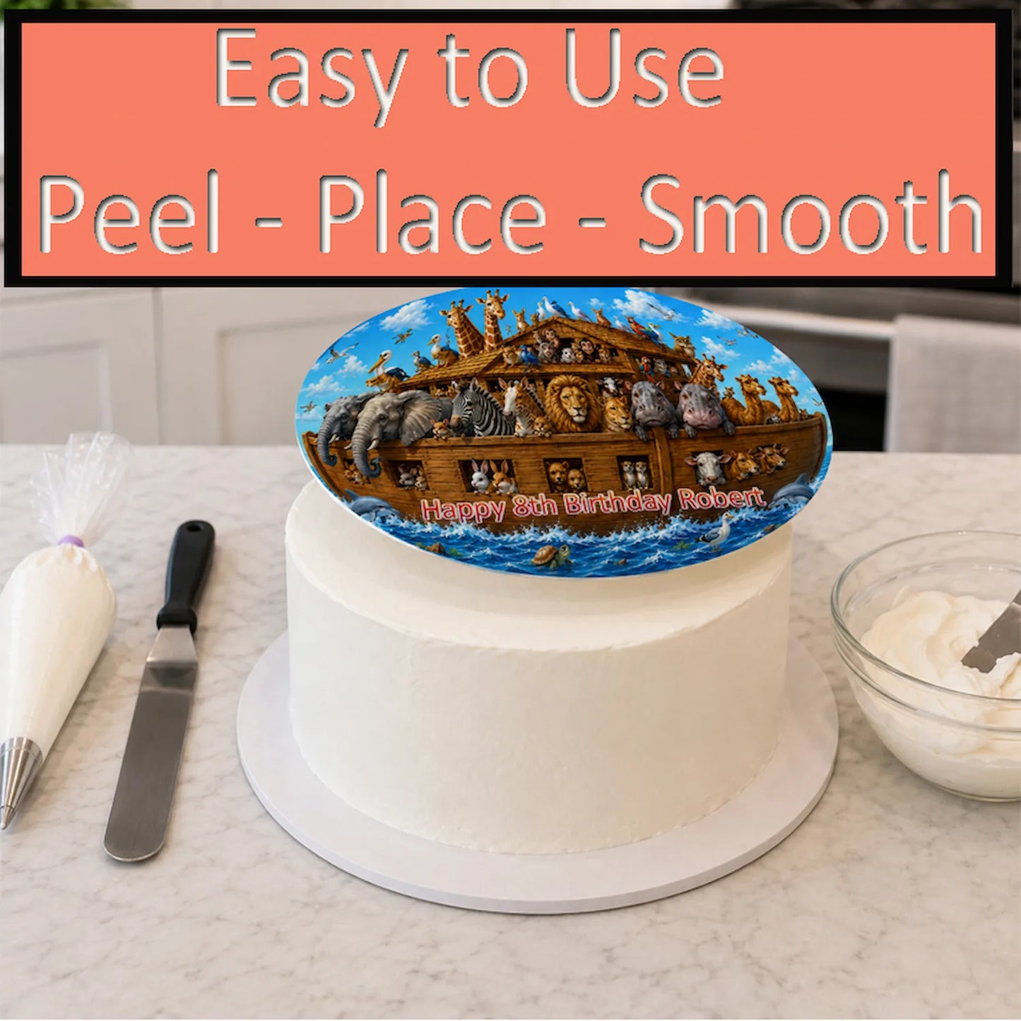How to apply Noah's Ark Birthday Edible Image Cake Topper - precut 8" Icing Sheet - RA Pape