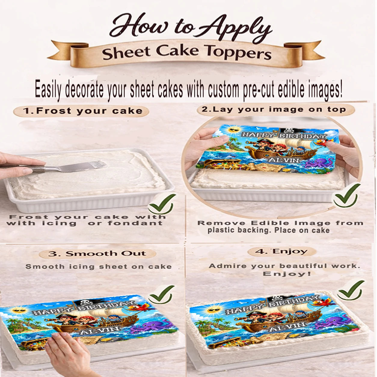 How to apply Pirate Treasure Birthday Adventure Edible Image Cake Topper- 1/4 Icing Sheet - RA Pape