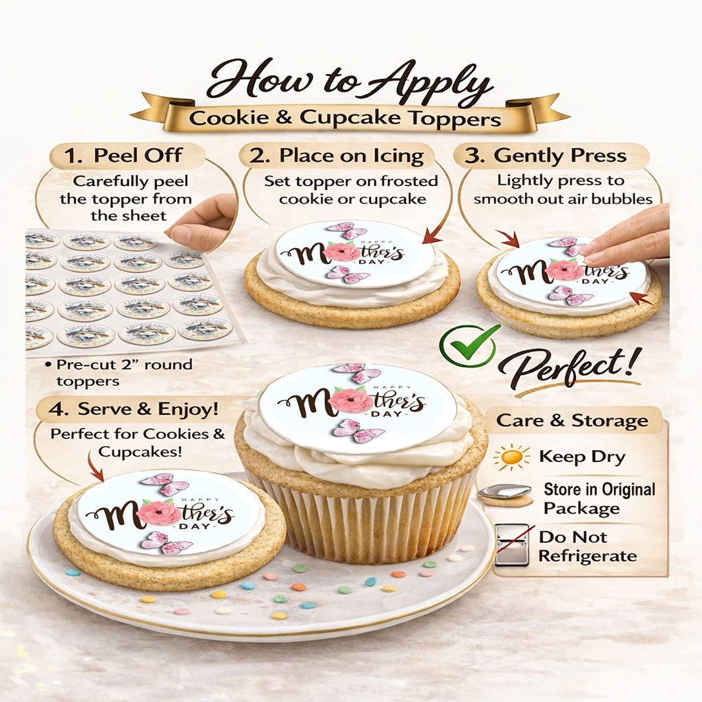 How to apply Ready to use Mother's Day Butterfly Edible Image cookie and cupcake toppers