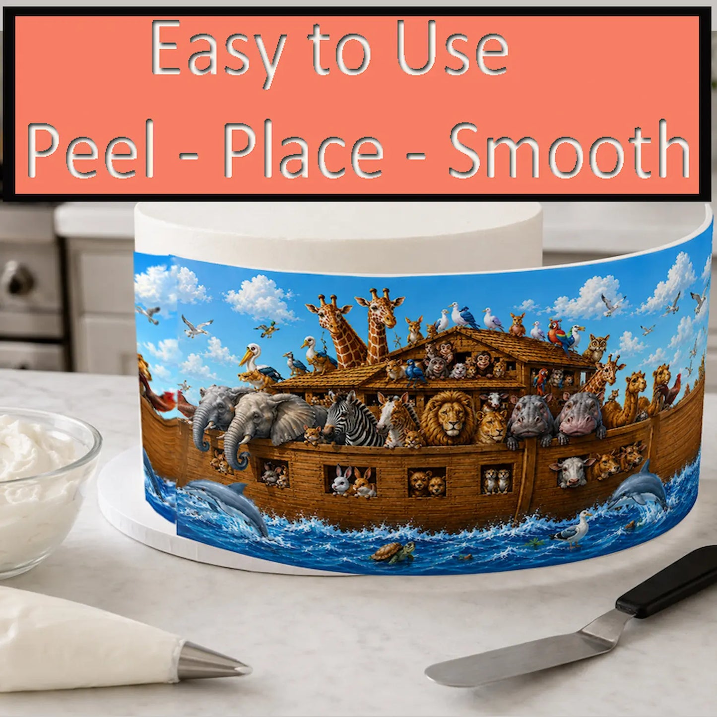 How to apply Seamless Noah's Ark Birthday Edible Image Cake Wrap - Icing Sheet