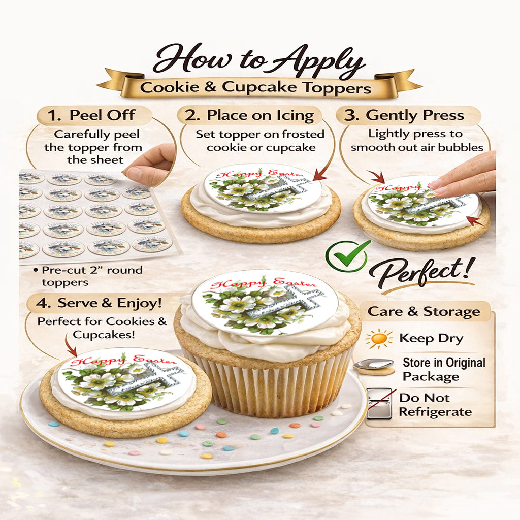 Instructions on how to apply cookie and cupcake toppers with a visual guide and text.