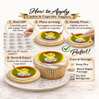 Instructions on how to apply cookie and cupcake toppers with a Easter Chick  on top.