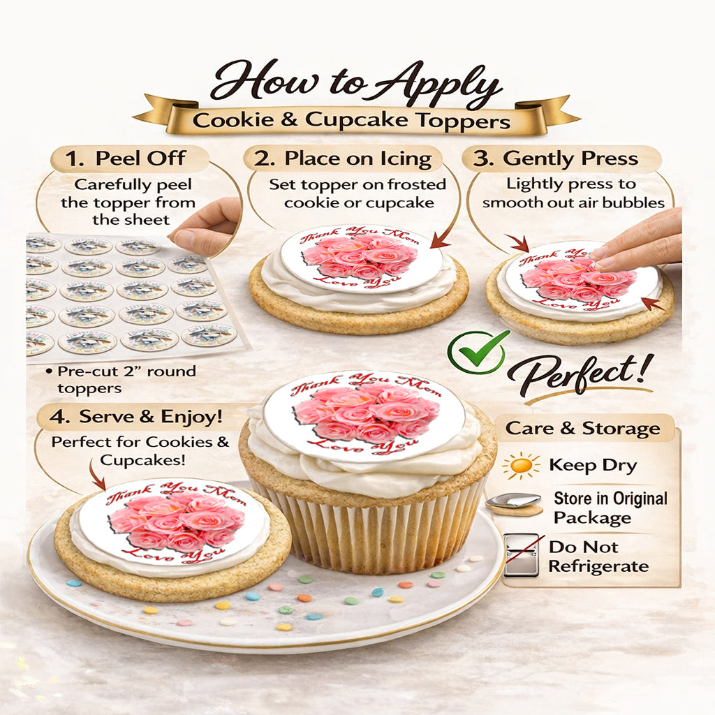 Custom Edible Cake Topper – Mother's Day Peach Rose Bouquet Design – Icing Sheet Cookie & Cupcake Images –20 Pre-cut 2” Round– RA Pape