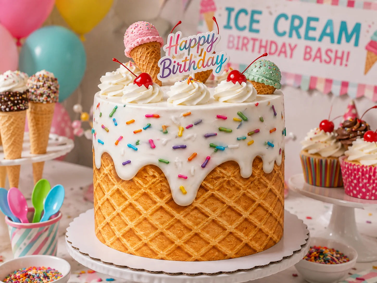 Party with Ice Cream Edible Image Cake Wrap - Seamless Celebration - Birthday - Icing Sheet - RA Pape