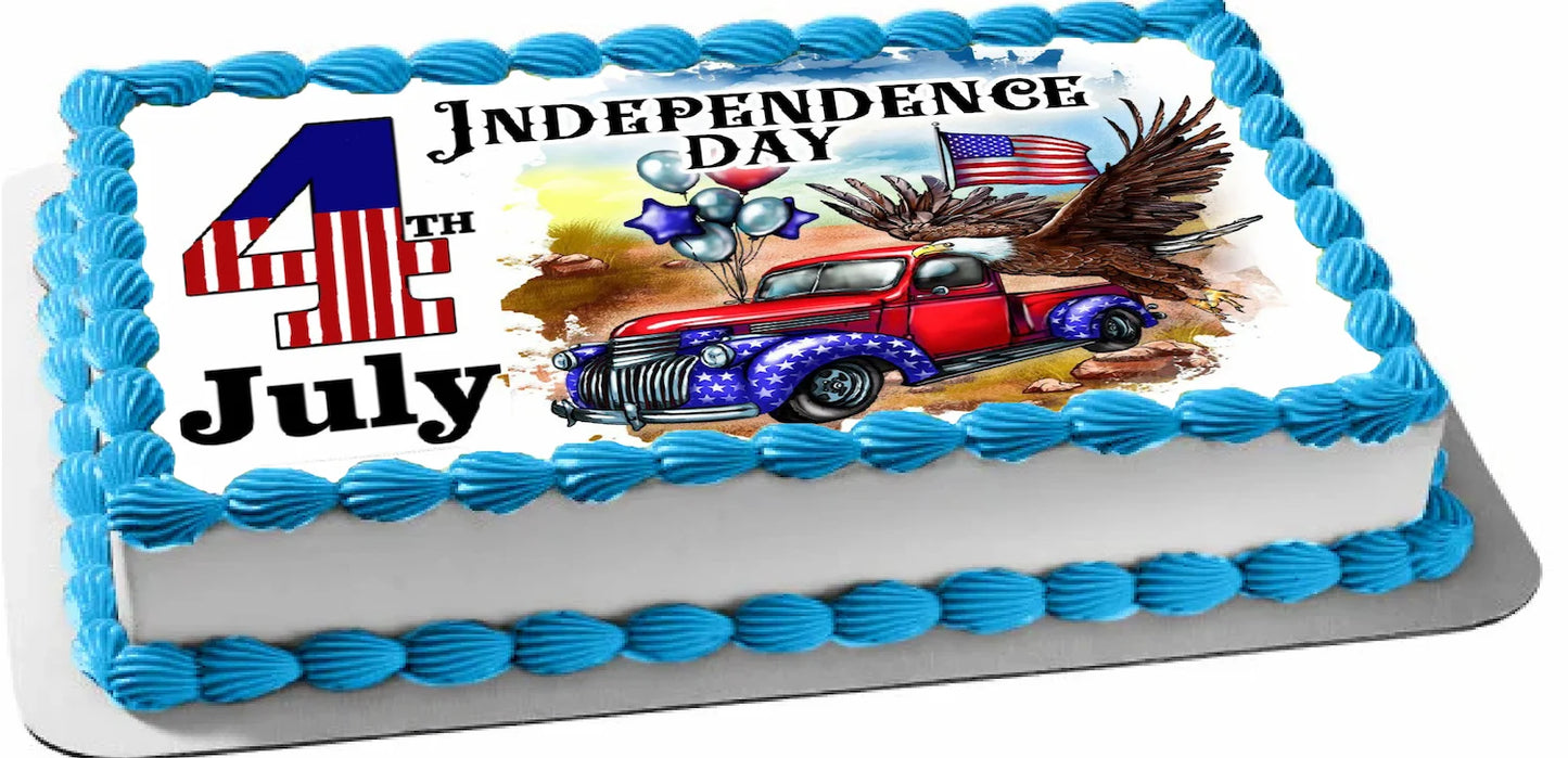 Independence Day-themed cake with a red truck, eagle, and American flag on a white background.