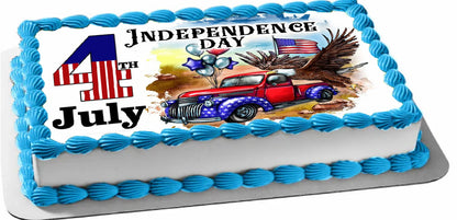 Independence Day-themed cake with a red truck, eagle, and American flag on a white background.