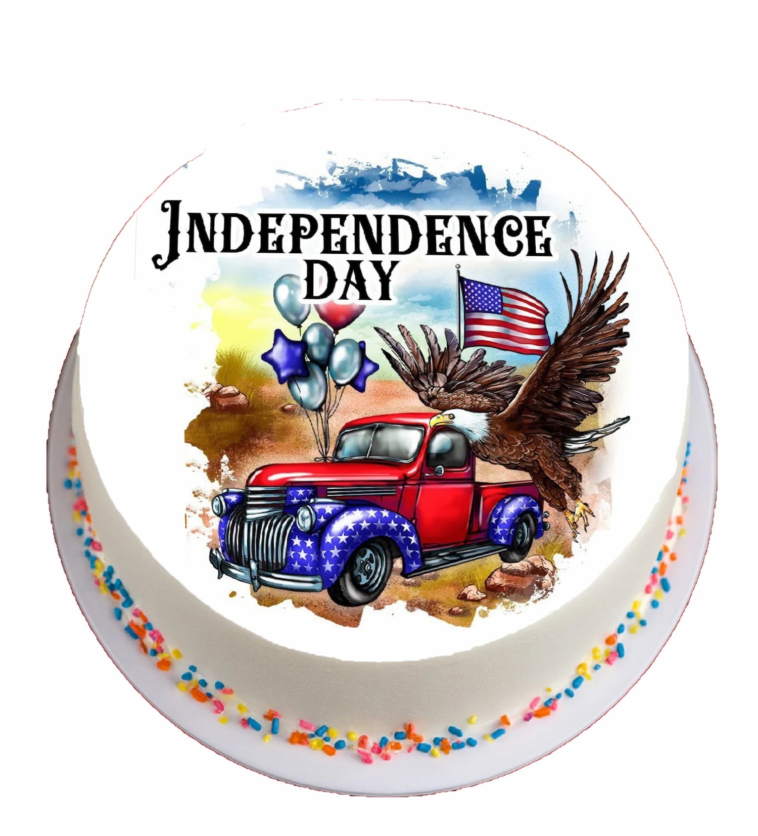 Independence Day cake topper with red truck, eagle, and American flag.