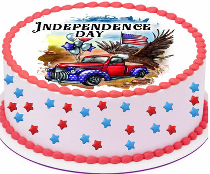 Independence Day cake with red, white, and blue decorations featuring a truck and eagle.